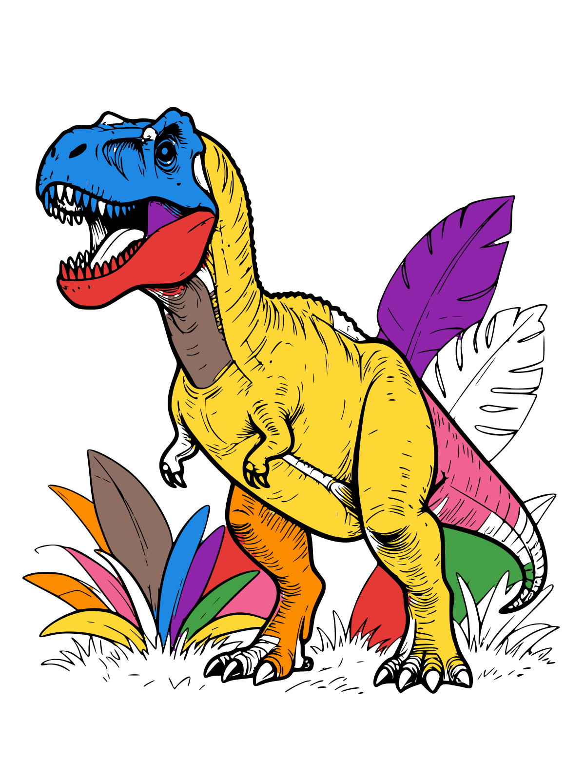 A detailed realistic T. rex with textured skin and open jaws among jungle leaves
