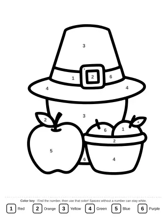 A simple drawing of a pilgrim hat with a buckle, a basket of apples, and a leaf.