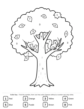A big tree with scattered leaves on the ground, featuring a squirrel and birds on its branches.