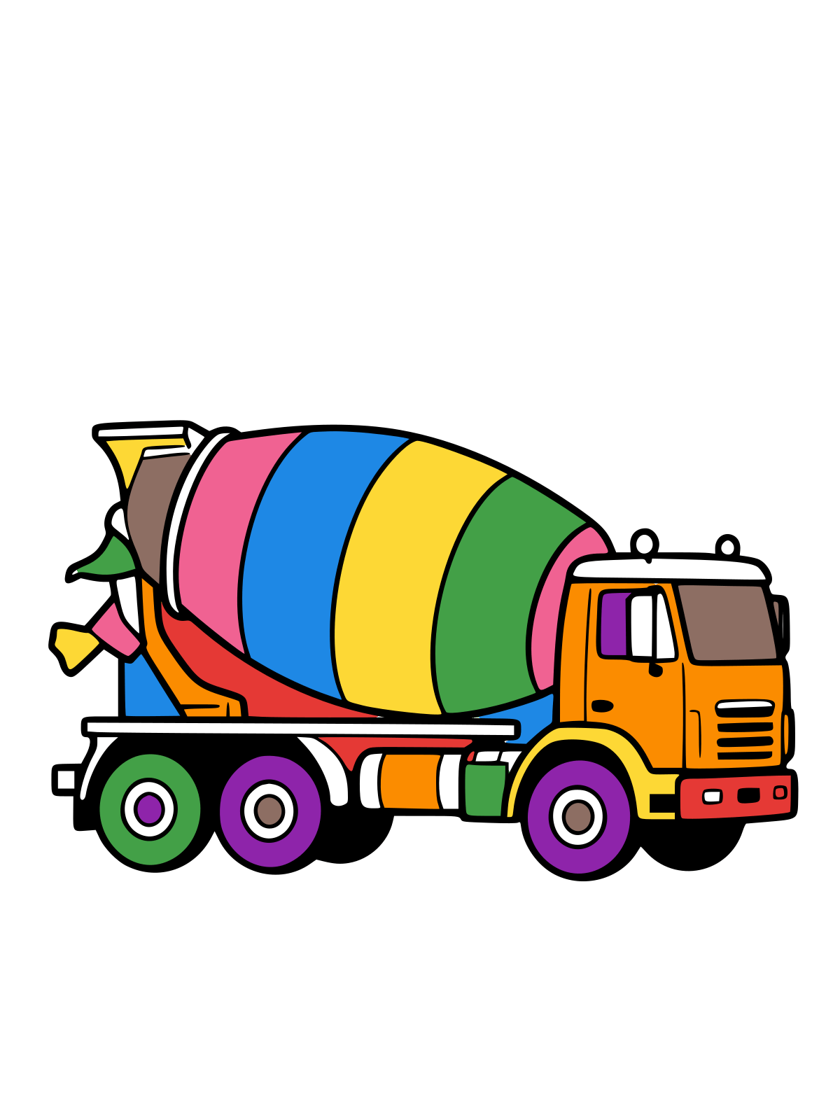 Line drawing of a cement mixer truck with a big spiral-striped drum, seen from the side