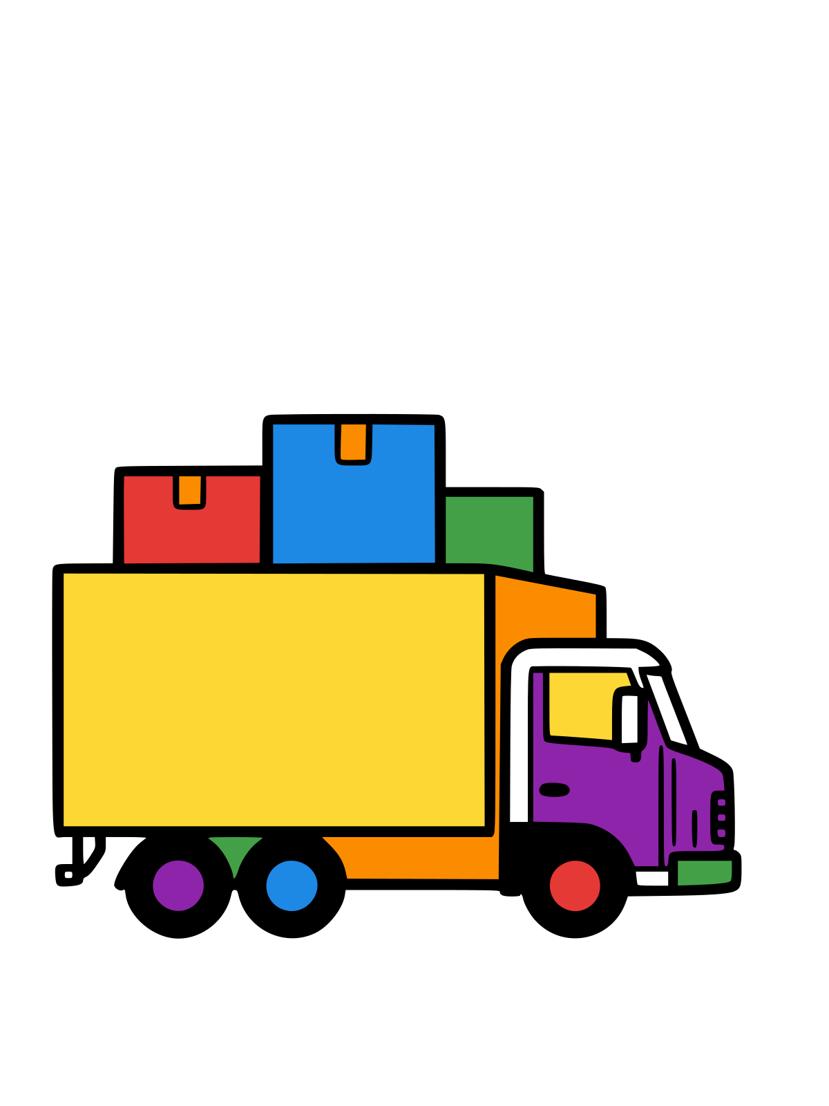 Line drawing of a box delivery truck with a few parcels stacked on top, seen from the side