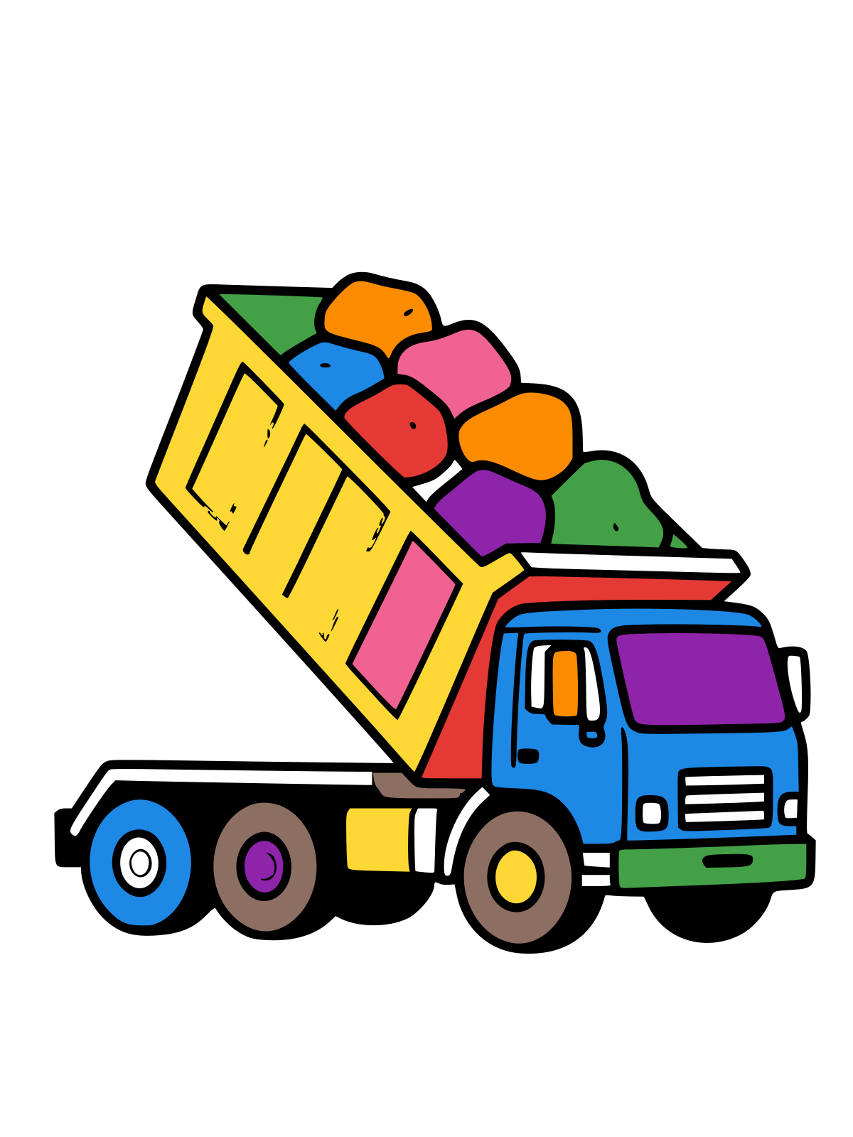 Line drawing of a dump truck with its bed raised and a pile of rocks tipping out, seen from the side