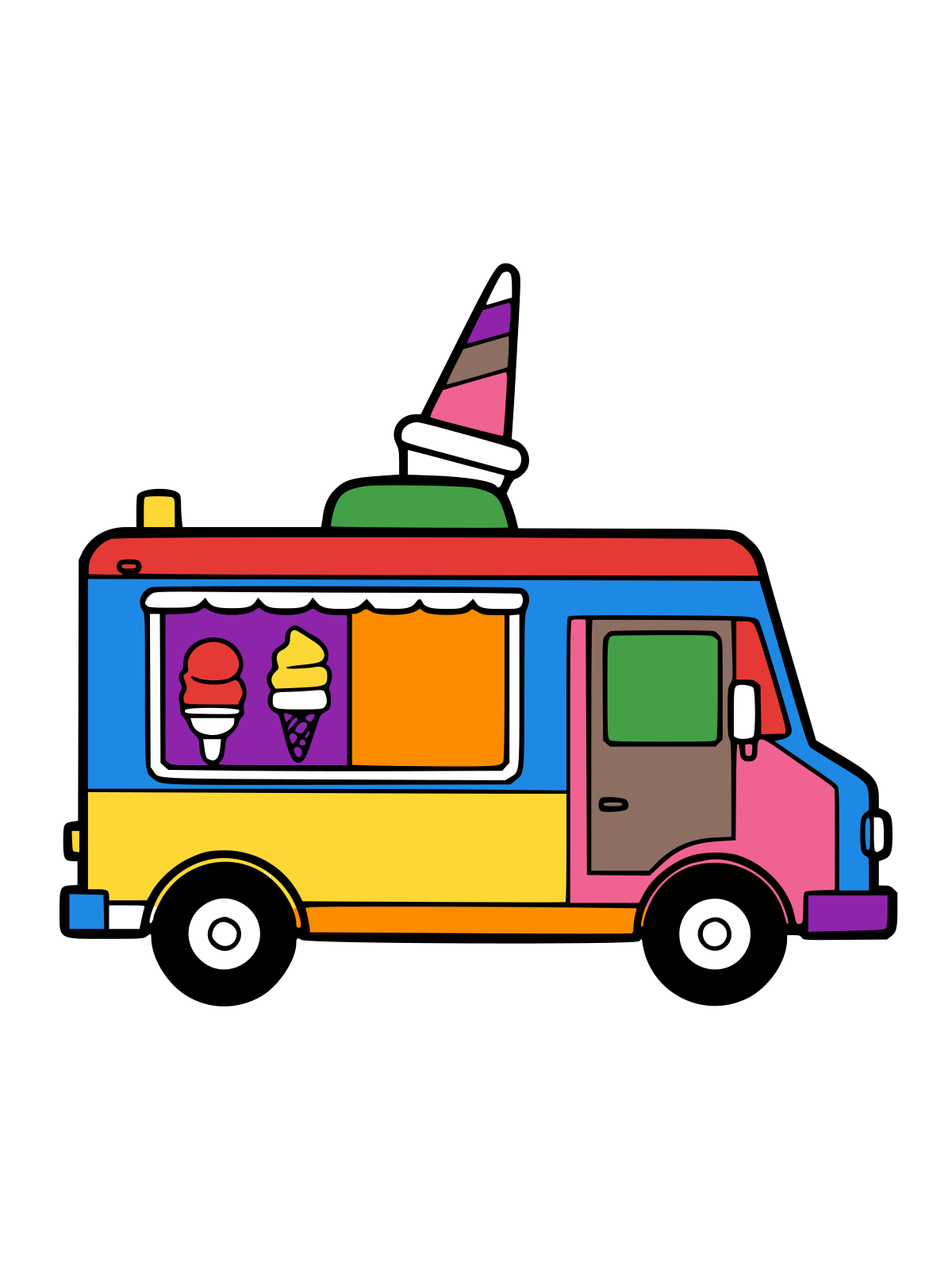 Line drawing of an ice cream truck with a serving window, ice cream cone pictures and a cone on the roof