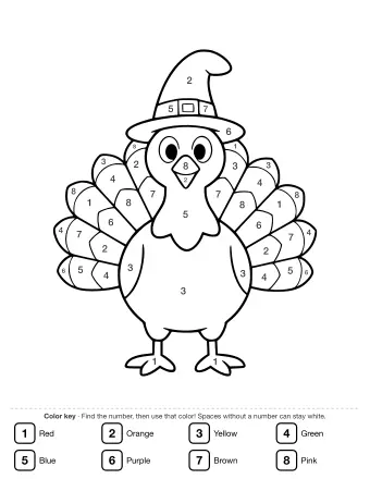 Black-and-white line drawing of a smiling turkey wearing a tall pilgrim hat with a buckle, standing in front of a fanned-out tail of layered feathers.
