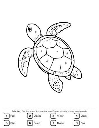 Black-and-white line drawing of a sea turtle swimming, showing a patterned shell, four flippers with dotted markings, and a small head with one visible eye.