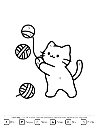 Black-and-white line drawing of a cartoon cat standing on its hind legs, batting three balls of yarn with its front paws.