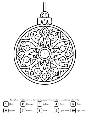 Line drawing of a round Christmas bauble with a complex, symmetrical pattern inside, suitable for older children.