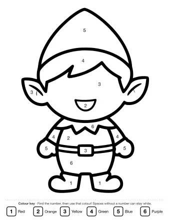 Line drawing of a smiling elf wearing a tall pointed hat, a collared shirt with a belt and round shoes, standing on its own.