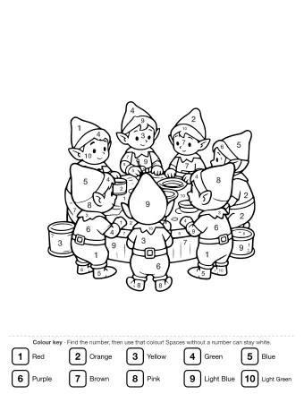 Line drawing of seven cartoon elves in pointed hats and belted tunics gathered around a round wooden table, with plates, mugs and paint buckets nearby.