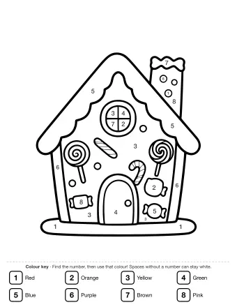 Line drawing of a gingerbread house with a round window, an arched door, candy canes, lollipops, gumdrops and a candy chimney.