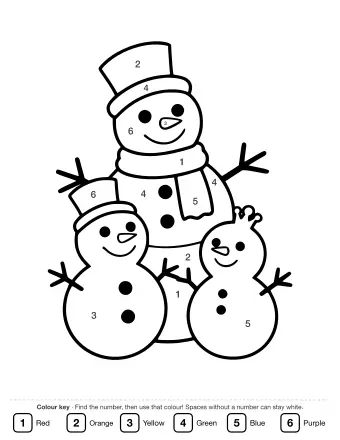 Line drawing of three snowmen of different sizes holding hands, each with a carrot nose, coal eyes and stick arms, on a plain white background.