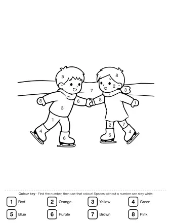 Two children in sweaters and boots holding hands while ice skating on a frozen pond, with simple lines suggesting the ice surface and a distant horizon.