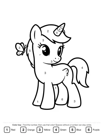 Black-and-white line drawing of a smiling baby unicorn foal with a small horn and curly mane, standing next to a butterfly with patterned wings.