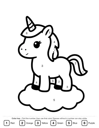 Black and white line drawing of a cute unicorn with a spiral horn and rainbow mane standing on a fluffy cloud.