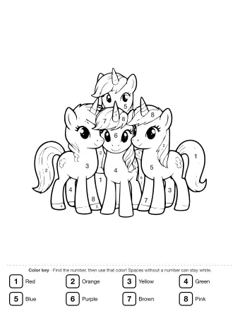 Black-and-white line drawing of three cartoon unicorns standing side by side in a forest, each with a horn, flowing mane, and a small flower mark on its flank.