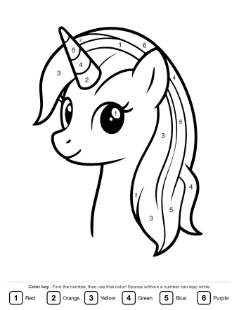 Black and white line drawing of a unicorn head and neck in side view with a spiral horn, pointed ear and a long mane with many flowing strands.