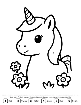 Black and white line drawing of a young unicorn with a spiral horn, short mane and one raised ear sitting among large daisies and tufts of grass.
