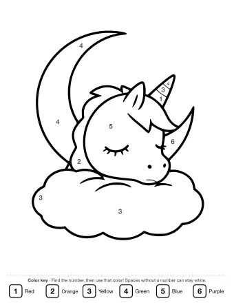 Black and white line drawing of a unicorn with a striped horn and closed eyes resting its head on a fluffy cloud in front of a large crescent moon.