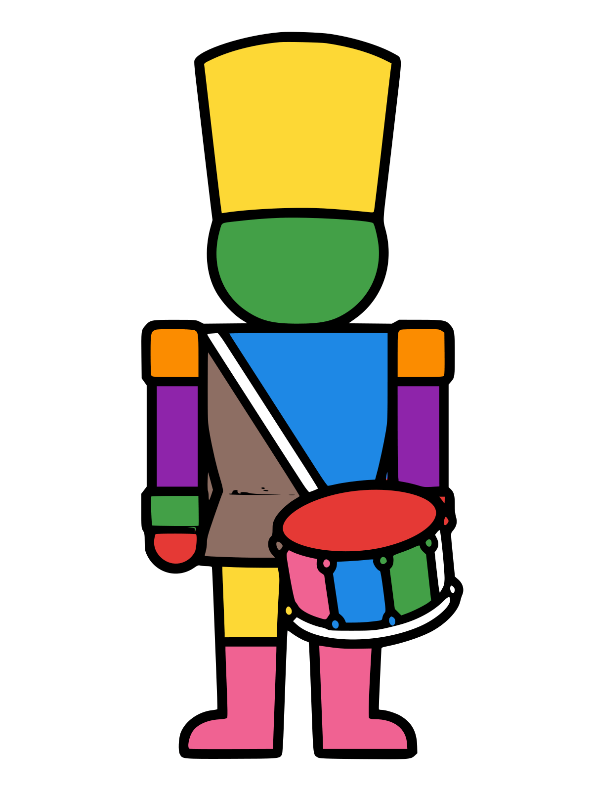 Black and white line drawing of a toy soldier standing straight, wearing a tall hat and holding a drum with a strap across the chest.