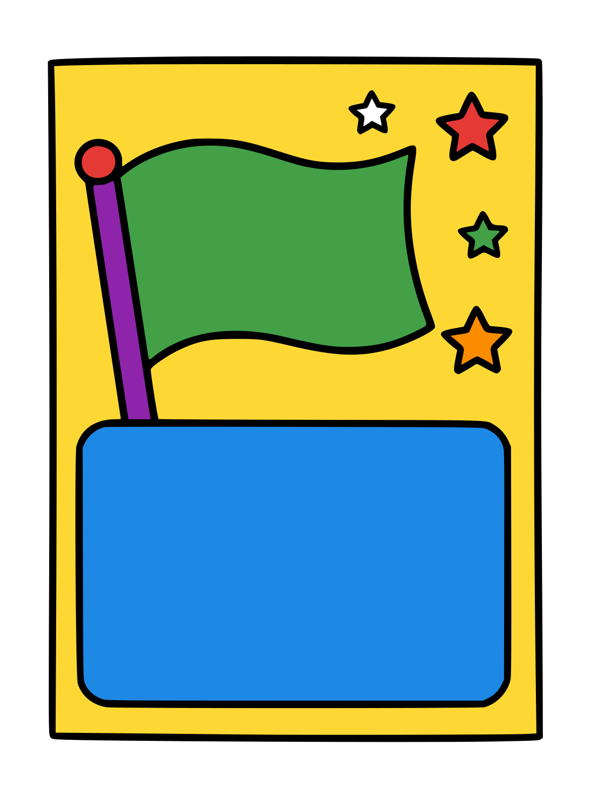 Black-and-white line drawing of a folded greeting card with a waving flag on the top panel and four stars in the upper right corner; the bottom panel is blank for writing.