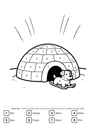 Line drawing of a dome-shaped igloo made of snow blocks with an arched entrance, a small dog lying on a sled in front, and curved lines of light in the sky.