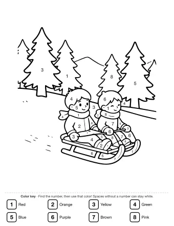 Line drawing of two children in scarves and hats riding a sled down a snowy hill, with pine trees and a mountain in the background.