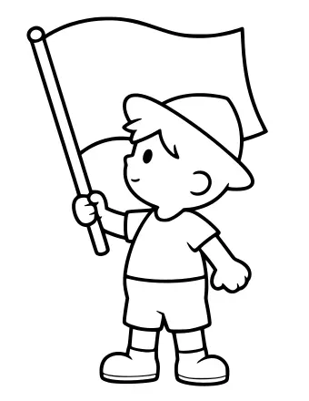 Line drawing of a child in a cap, t-shirt and shorts holding a flag on a pole