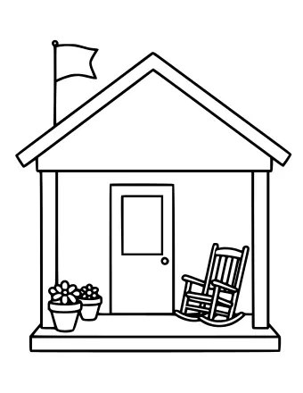 Line drawing of a house porch with a door, a rocking chair, flower pots and a small flag on the roof