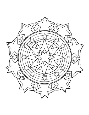 Line drawing of a circular mandala with a ring of stars and rings of stripes around a central star