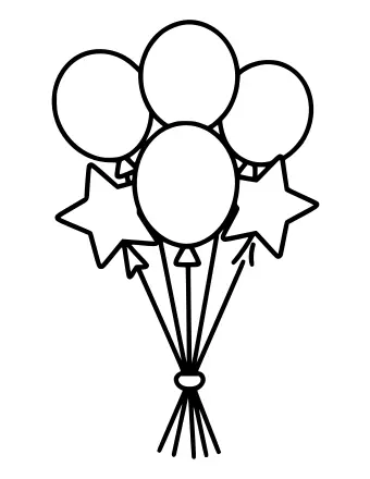 Line drawing of a bunch of round and star-shaped balloons tied together with strings