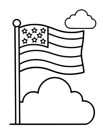 Outline drawing of a waving flag on a tall pole, with stars in the upper left corner, horizontal stripes and two clouds