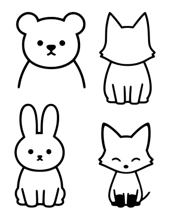Dibujo lineal en blanco y negro de cuatro animales de dibujos animados: una cabeza de oso, una cabeza de zorro, una cabeza de conejo y una cabeza de zorro dormido, dispuestos en una cuadrícula de dos por dos.