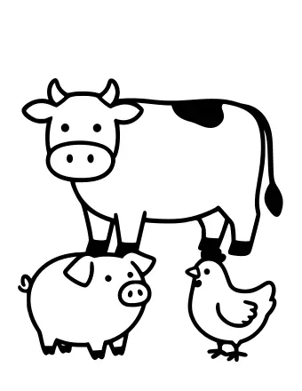 Dibujo lineal en blanco y negro de una vaca manchada, un cerdo de cola rizada y un pollo pequeño juntos en un corral.