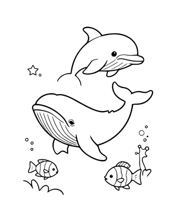 Dibujo lineal en blanco y negro de una ballena grande y un delfín saltando en el océano, con dos peces rayados, burbujas, algas y una estrella de mar.