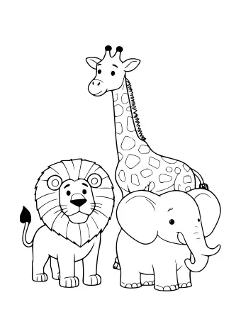 Dibujo lineal en blanco y negro de un león con una melena abundante, una jirafa alta con manchas y un elefante con orejas grandes y una trompa rizada parados juntos.