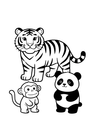 Dibujo lineal en blanco y negro de un tigre parado, un mono pequeño y un oso panda en el recinto de un zoológico