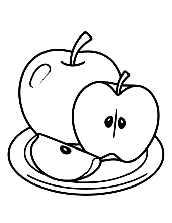 Line drawing of a whole apple next to a halved apple showing the core and seeds, with two apple slices on a plate.