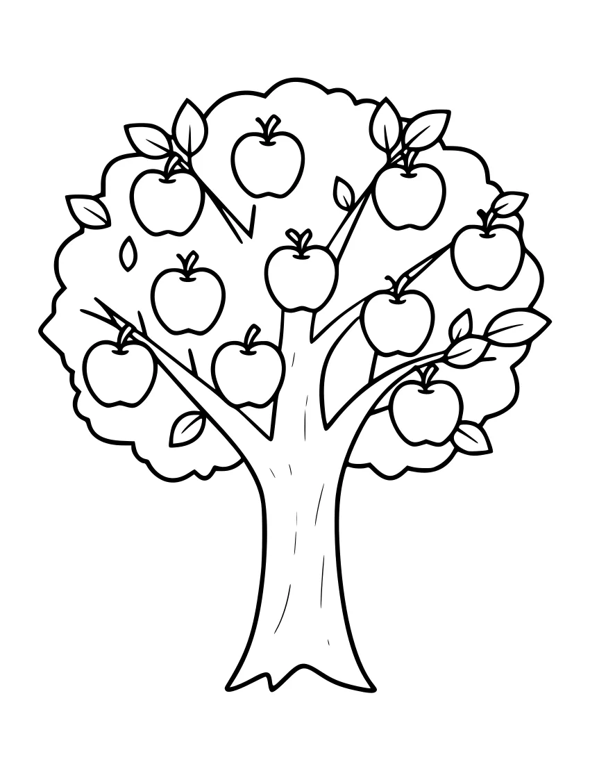 Line drawing of an apple tree with a thick trunk, spreading branches, many leaves, and about a dozen round apples hanging in the canopy.