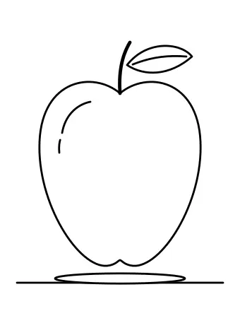 Dibujo lineal de una manzana grande con un tallo, una sola hoja y una marca brillante, sentada sobre una mesa