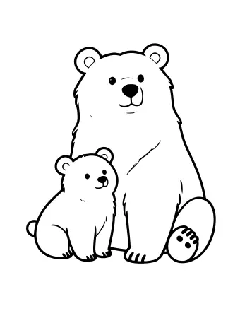 Line drawing of a large bear sitting beside a small bear cub, both with round ears, dark noses and visible paw pads.