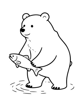 Line drawing of a brown bear standing in shallow water, holding a large salmon against its belly with ripples around its feet.
