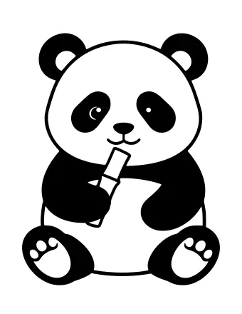 Black and white line drawing of a giant panda sitting and holding a bamboo stalk to its mouth, with black ears, eye patches, shoulders, and feet.