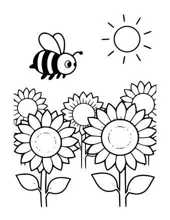 Line drawing of a striped bee flying in a sky with a sun toward a field of tall sunflowers with seed-filled centres