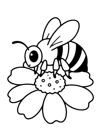 Outline drawing of a large striped bee with big eye and wings sitting on a flower with wide petals and a dotted centre