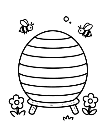 Line drawing of a round striped straw beehive on a small stand with flowers in front and several bees flying around