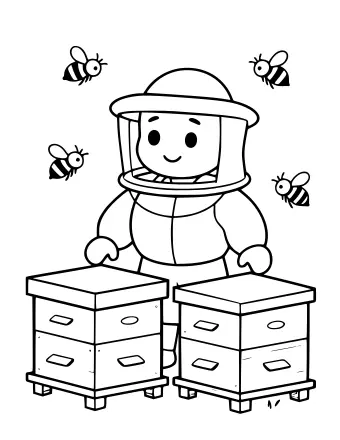 Line drawing of a beekeeper wearing a veiled hat and protective suit standing behind two stacked hive boxes with bees flying