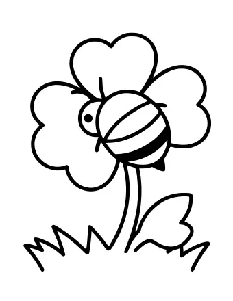 Line drawing of a round bumblebee on a large clover flower with a long stem and grass blades below