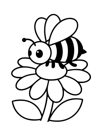 Line drawing of a honey bee with striped body and wings sitting on top of a large daisy with a stem and two leaves