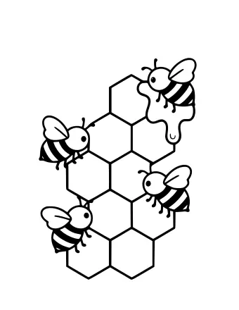 Line drawing of a honeycomb made of hexagon cells with three small bees walking on it and a drop of honey dripping