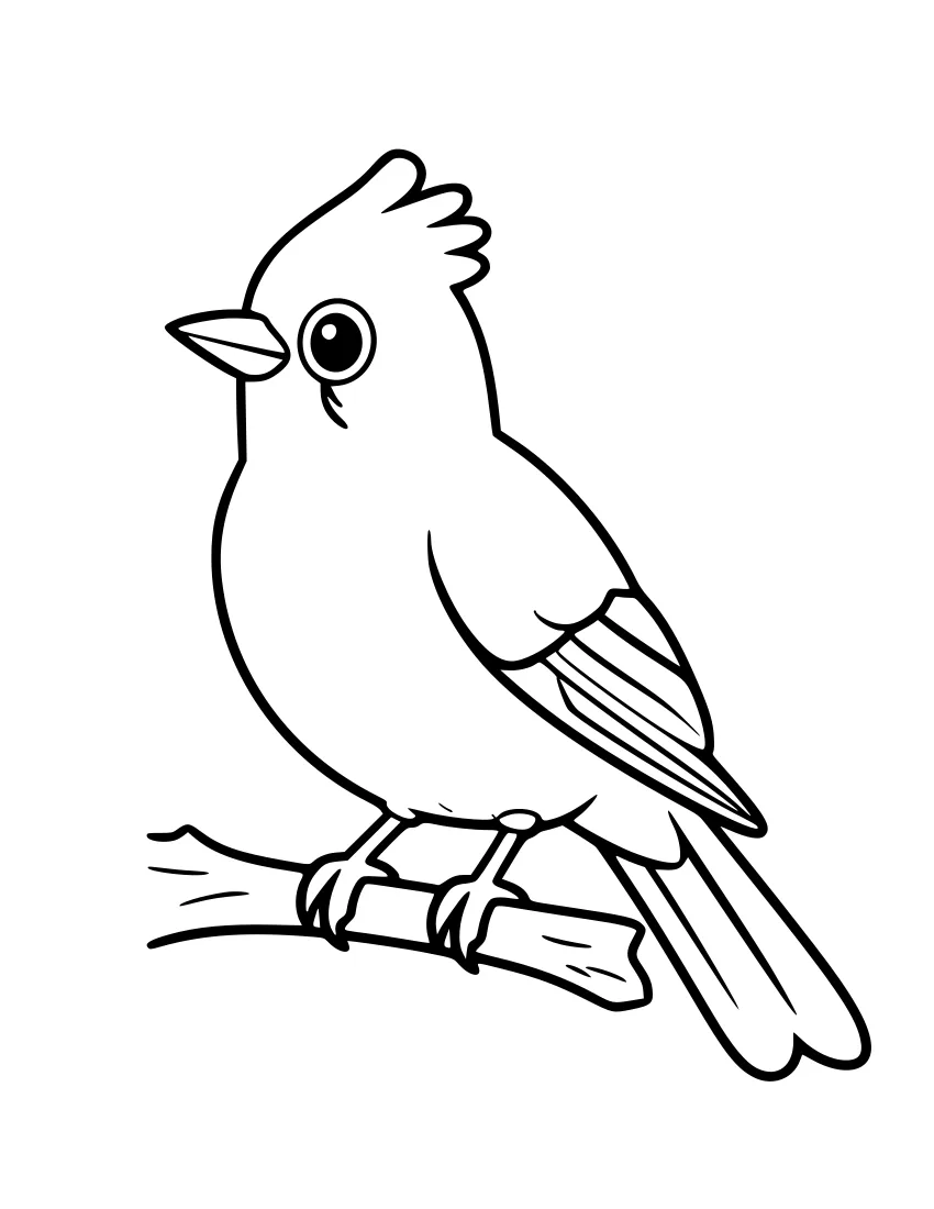 Line drawing of a blue jay perched on a branch, showing its pointed crest, open beak, and banded tail feathers.